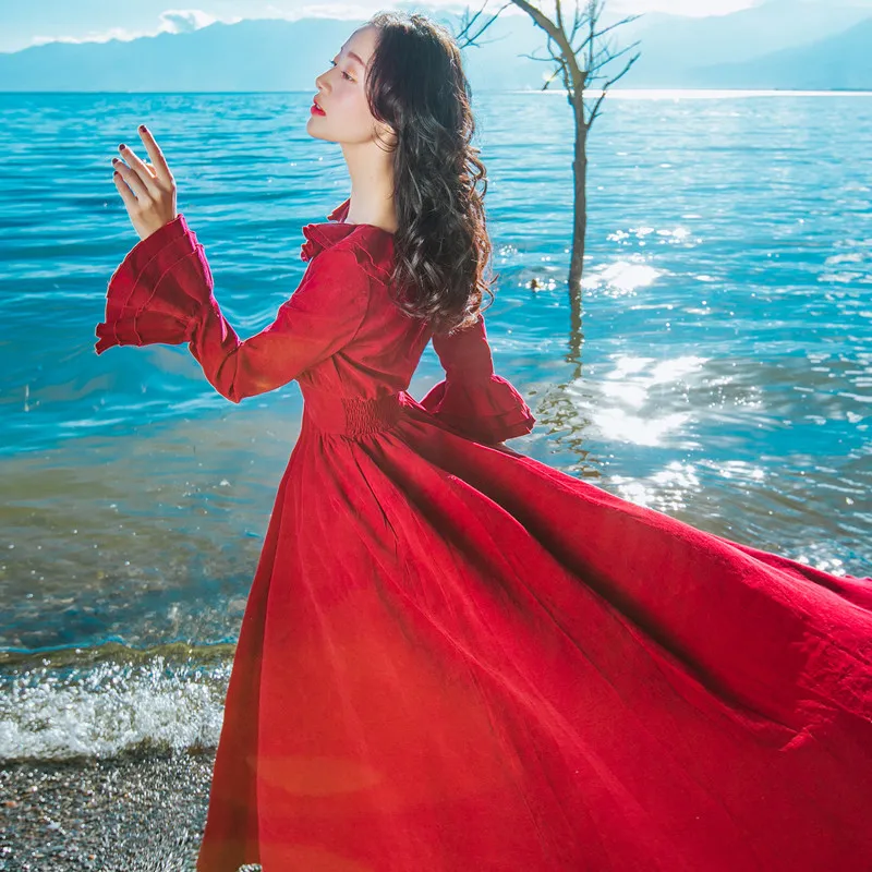 Для женщин осень и зима художественный Ретро вельвет Трубы рукава Slim большой