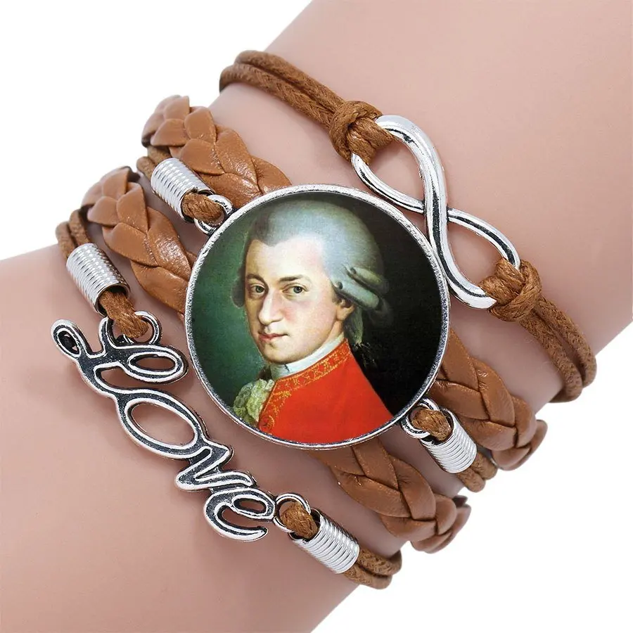 Вольфганг Mozart Композитор для школьниц Макси Панк ювелирные изделия со стеклом кабошон Многослойный черный/коричневый кожаный браслет