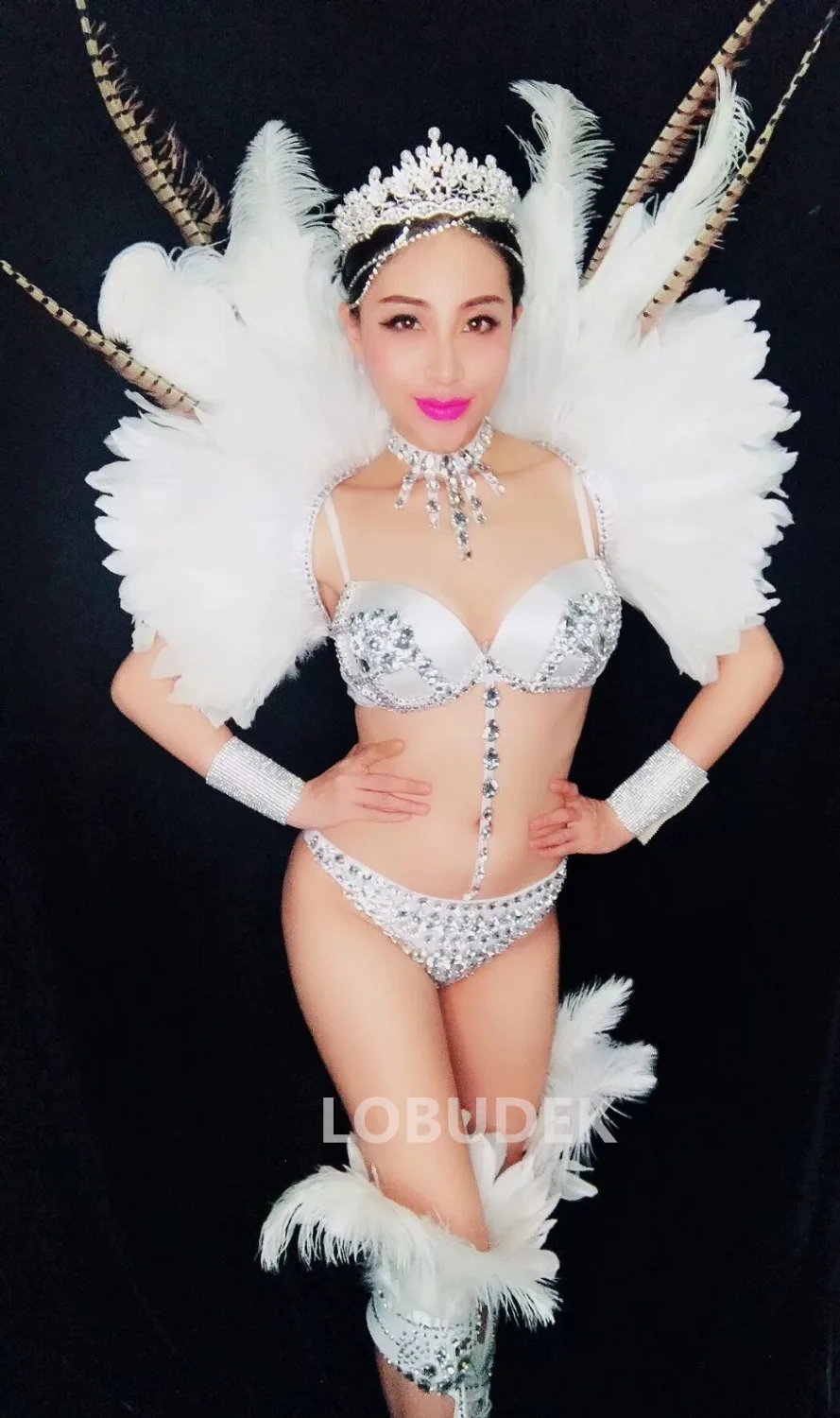 

Sparkly Silver Rhinestones Bikini White Feathers Tops Nightclub Leading Dancer Stage Outfit Models Catwalk Show Ballroom Costume