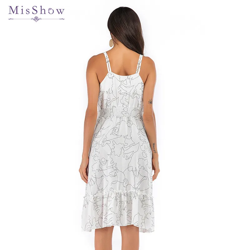 

MisShow Summer Print Chiffon Dress Women 2019 Cute Holiday Sexy Beach V Neck Dresses Femme Elastic Waist Vestidos