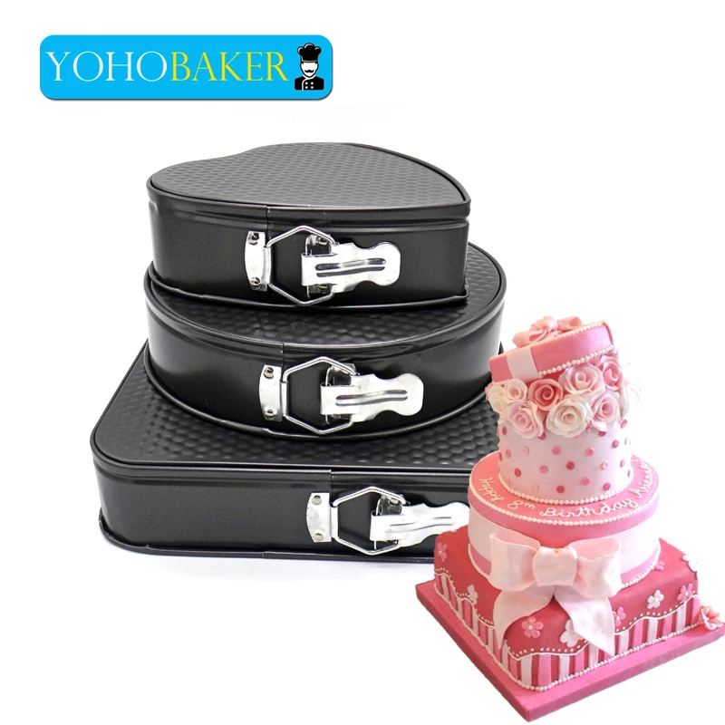 

3PCS SET Black Square Round Love Shape Birthday Cake Mould Hopper Belt Buckle Non Stick Baking Tools For Cake Bread Baking Molds