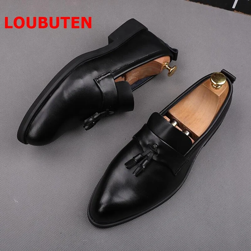 LOUBUTEN Black Soft Leather Men Loafers Fashion Pointed Toe Tassel Shoes Breathable Slip On Mens Casual Flats | Обувь