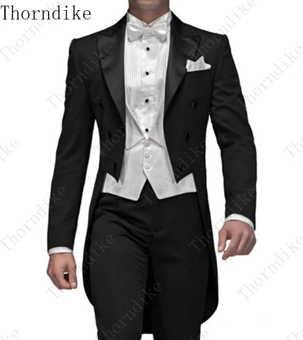 Long Navy blue Coats Tailcoat Morning Coat Wedding Suits for Men Male Blazer Slim Fit Suit with Striped Pants Party 3 Pieces | Мужская