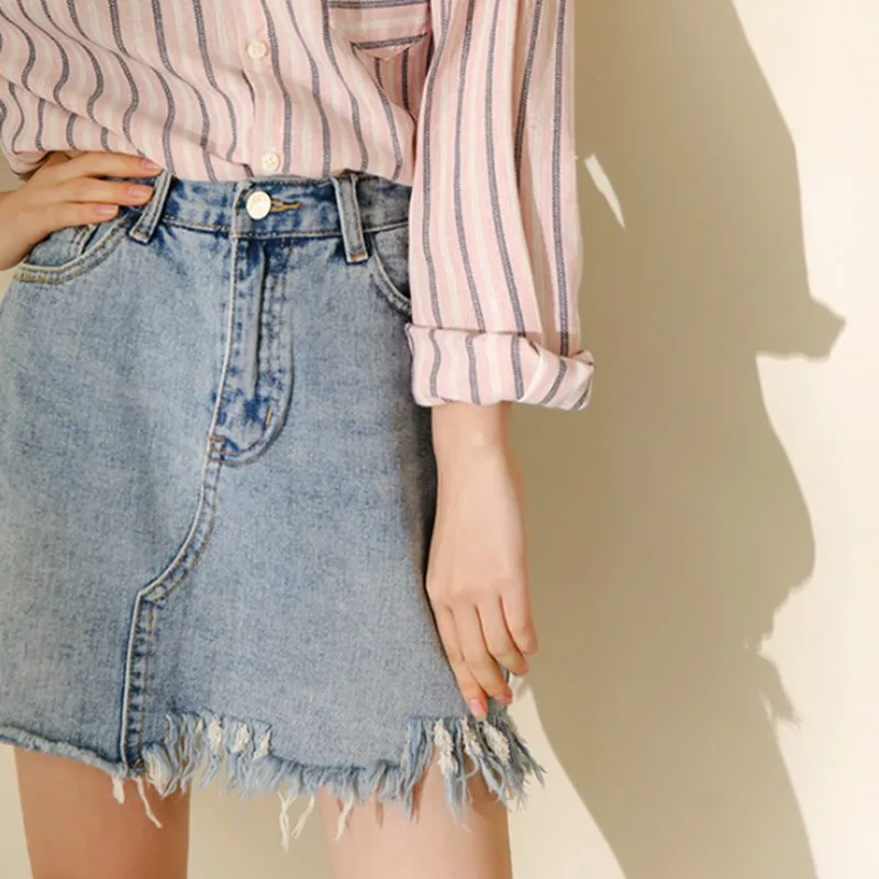 Женская джинсовая юбка с завышенной талией асимметричная винтажная