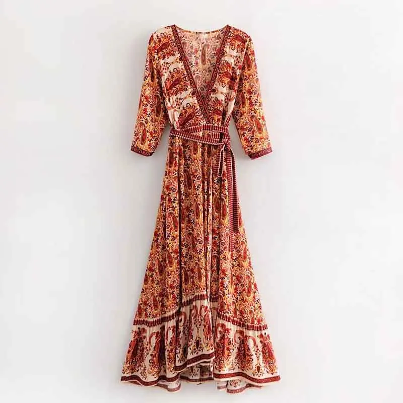 Женское пляжное платье с v-образным вырезом Boho винтажное длинное поясом и