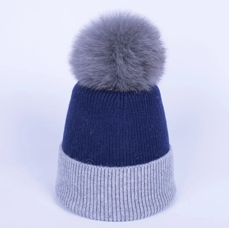 YC Fur, зимняя шапка, шапка для женщин, натуральный мех, помпон, шапки s, шапки бини, женские, двойные цвета, вязаные шапки из овечьей шерсти, шапки бини, Skullies, для девочек - Цвет: GREY BLUE GREY POM