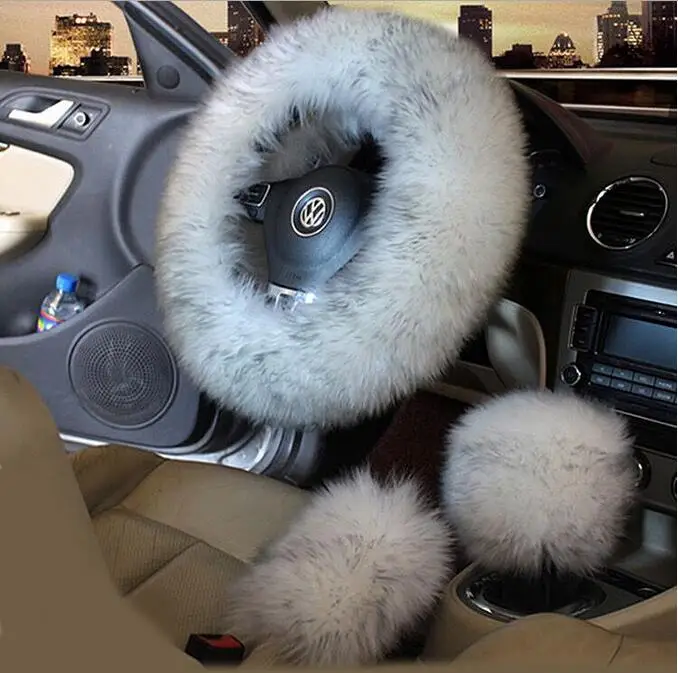 3pcs White gray 3 шт./компл. Зимняя шерстяная одежда Чехол рулевого колеса автомобиля с австралийской шерсти с подогревом меха рулевое колесо крышка стояночного тормоза Шестерни переключения крышки - Название цвета: 3pcs White gray