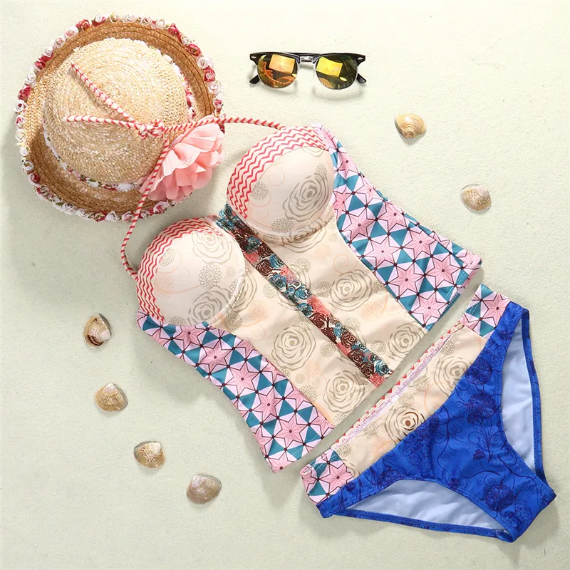 Женский бандажный купальник бикини с низкой талией и цветочным принтом пуш-ап