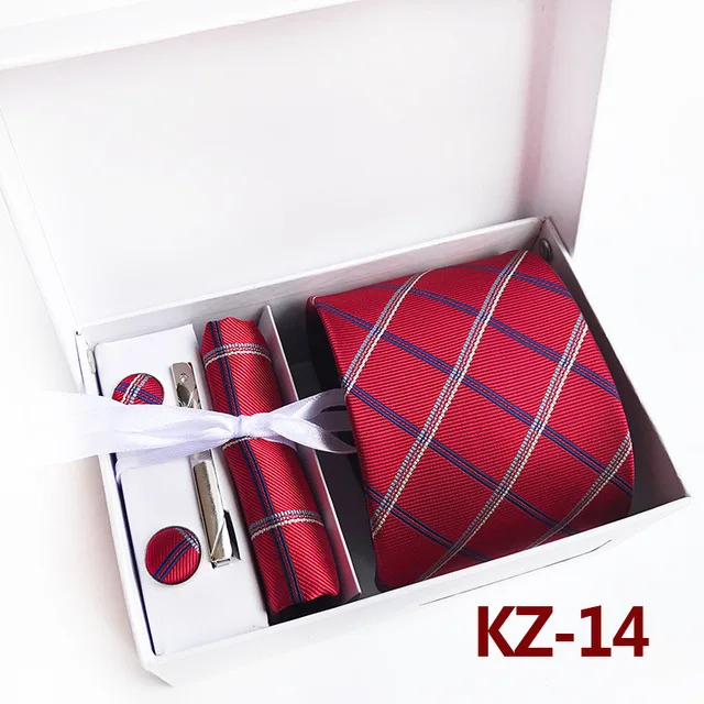 KZ14 Клетчатый Мужской комплект галстуков свадебный платок запонки зажим для галстука вечерние галстук карман квадратная коробка подарок - Цвет: KZ14