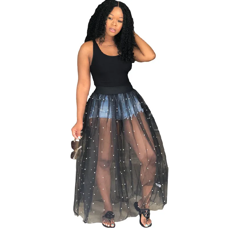 Женское прозрачное Клубное платье черное платье-макси без рукавов с жемчужинами