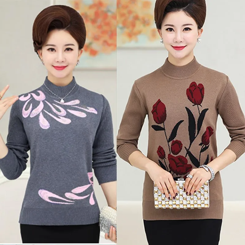 Осенне-зимний теплый вязаный пуловер женский свитер с принтом среднего возраста