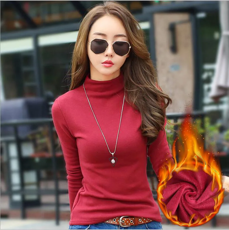 red with vcelvet Корейская женская футболка, зимняя Вельветовая Толстая Водолазка с длинным рукавом, Женская Универсальная футболка, Женская мода - Цвет: red with vcelvet