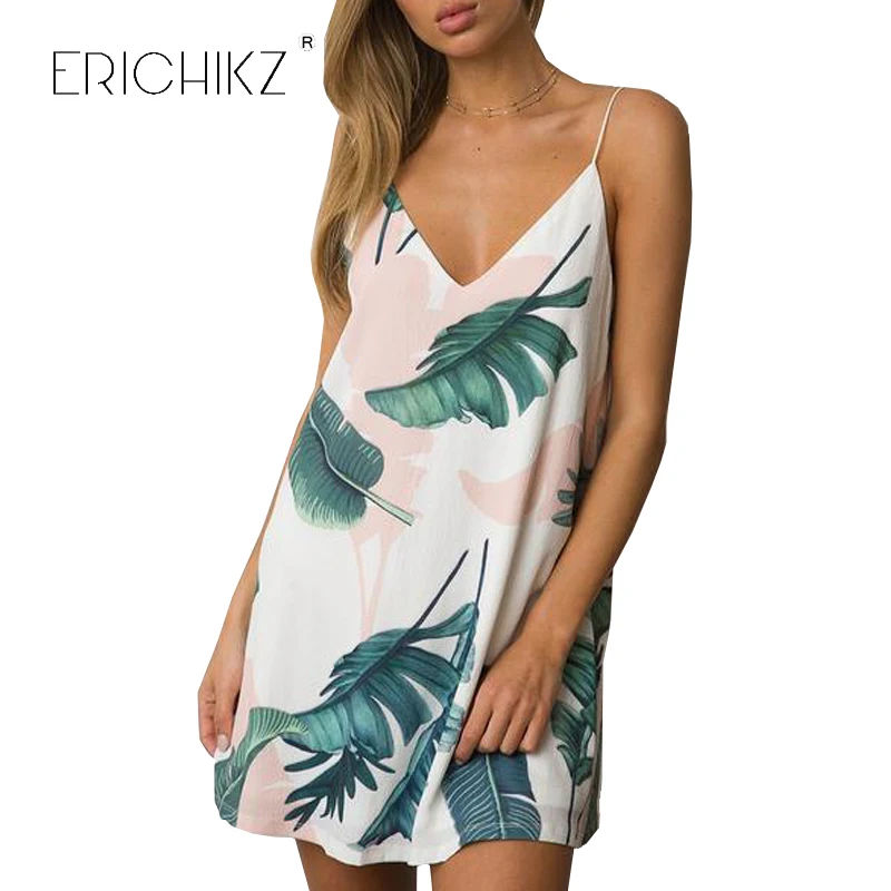 Erichikz Белый Cami летнее платье женская palm Leaf Print двойной V шеи случайный сдвиг платья