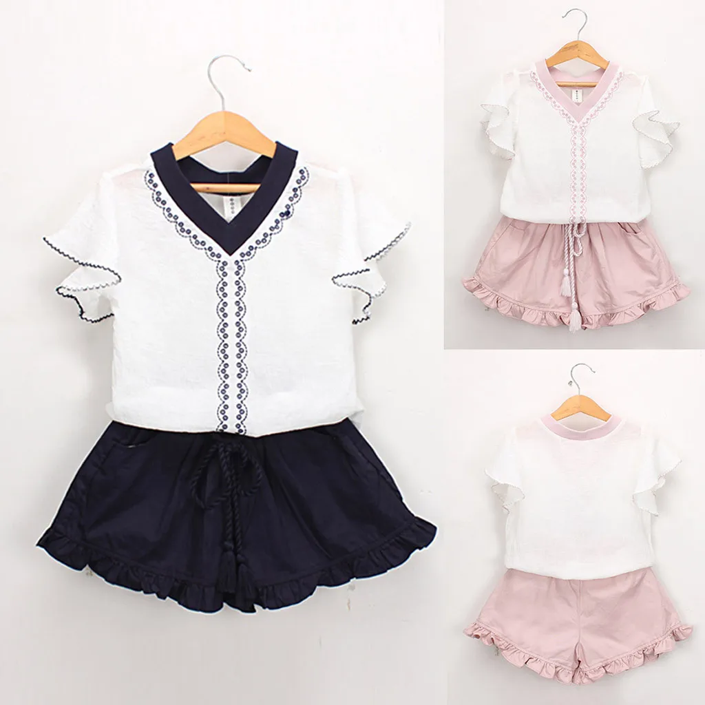 Cotton printed dress Toddler Kids Baby Girls Outfits Clothes Embroidery T-shirt+Ruffles Shorts Set vestido infantil bautizo #06 | Детская