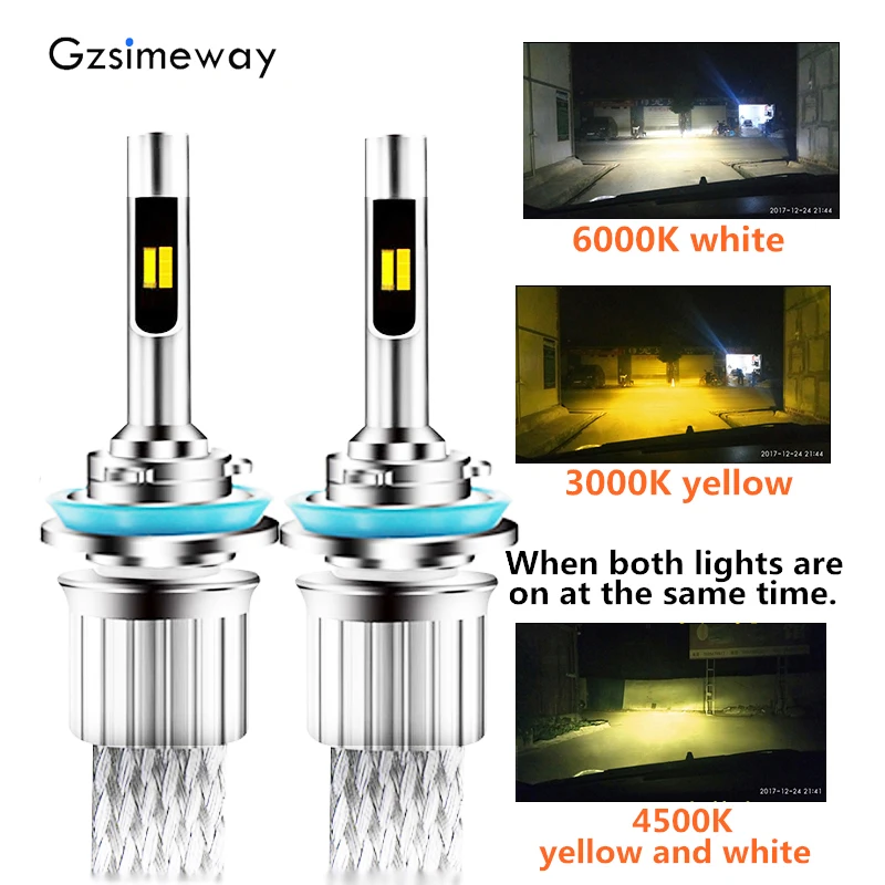 Gzsimeway светодиодный фонарь для автомобиля H11 3 цвета 3000k 4300K 6000k h1 H7 H3 Hb3 9005 hb4 H27 H8 9004/7