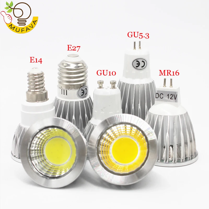 1 шт./лот Светодиодная лампа Spotlight E27 E14 GU10 GU53 220V MR16 12V COB Chip угол луча 60 w 9W 12W 15 Вт