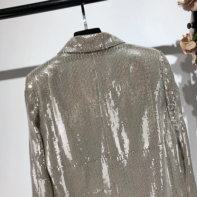 FENGGUILAI Double Breasted Blazer Sequins Club Blazer Long Sleeve Suit Coat Jacket Chic Women BlingBling Blazers Female
