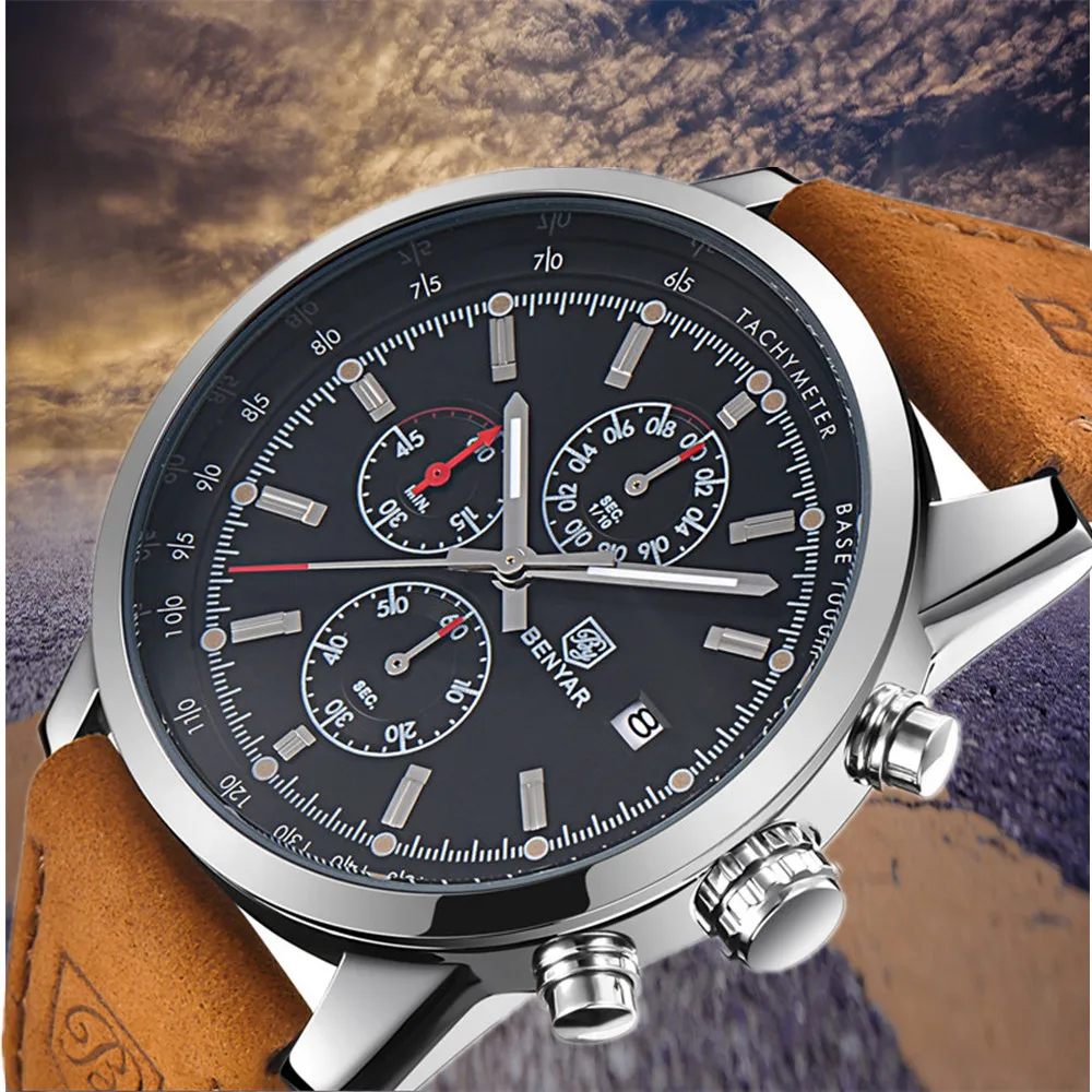 Relojes Hombre, бнейар, кварцевые часы, мужские, брендовые, водонепроницаемые, с хронографом, спортивные, кожаные, военные, наручные часы, Relogio Masculino