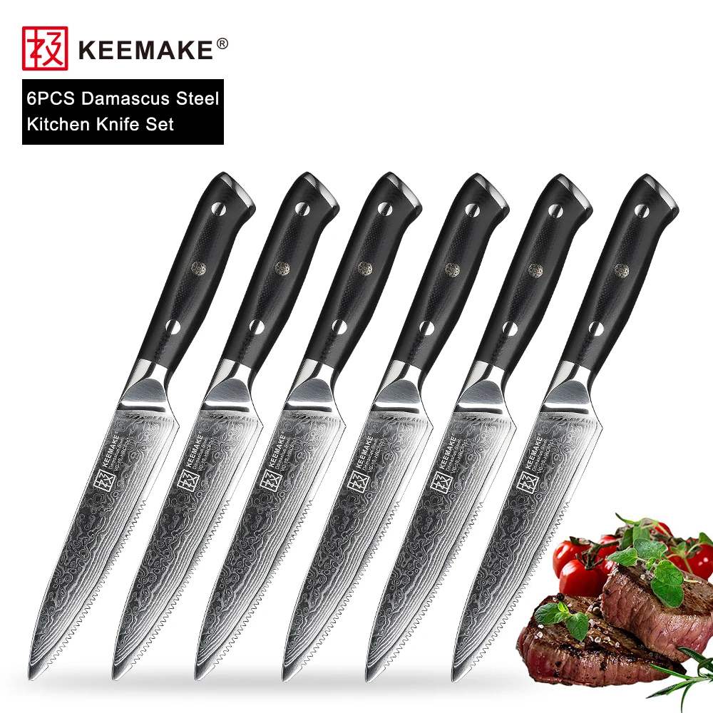 

KEEMAKE 6PCS Kitchen Knives Set 5" inch Steak Chef's Knife Japanese Damascus VG10 Steel Razor Sharp G10 Handle Cutting Tools