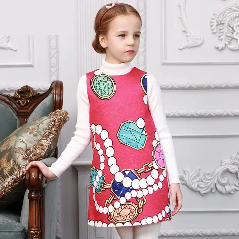Детское жаккардовое платье для девочек с красным принтом 100-160 см | Детская одежда
