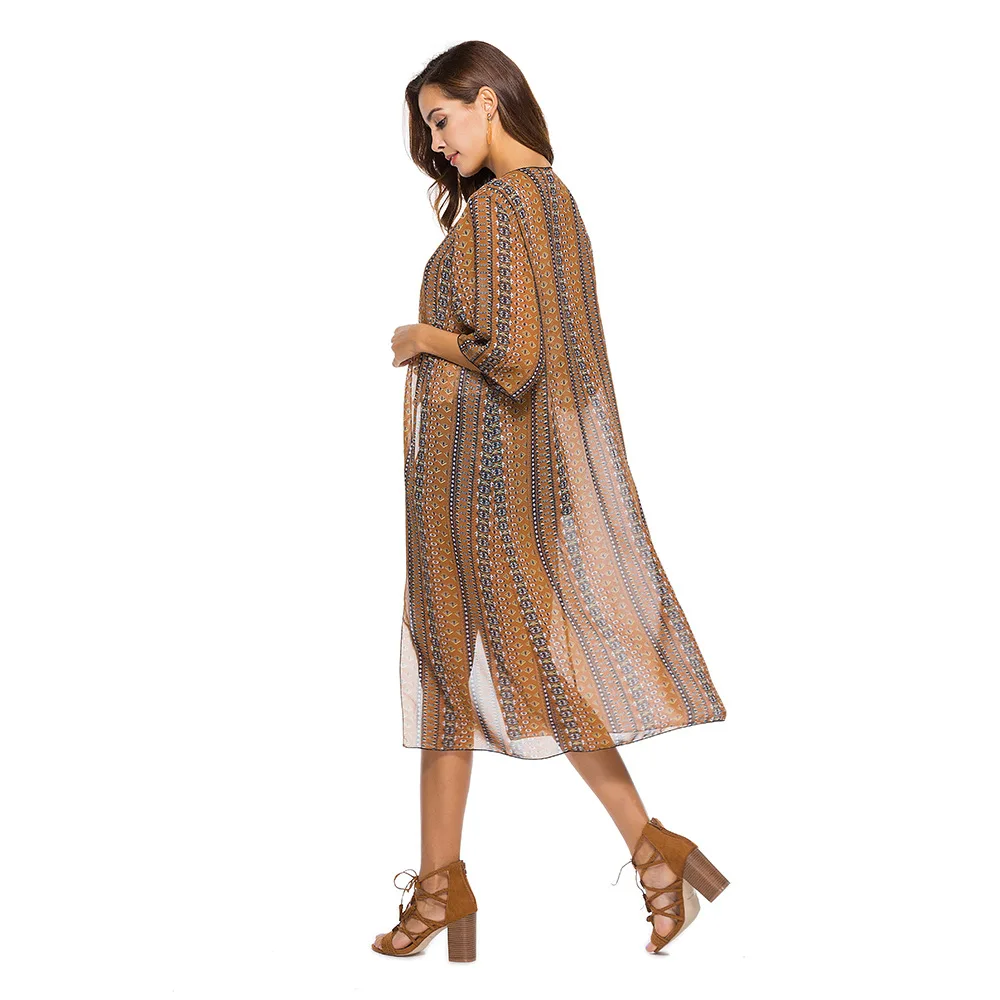 Spring Summer New Ladies Beach Cover Shirt Three Quarter-sleeved Printed Chiffon Cardigan Original Women |