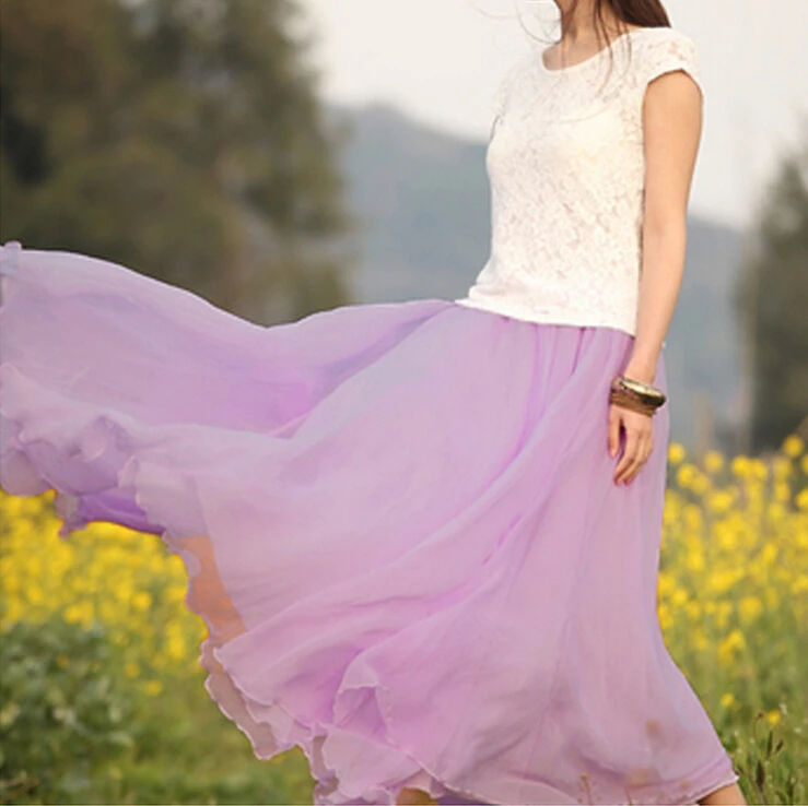 Женская двухслойная шифоновая плиссированная длинная Макси-юбка с эластичной