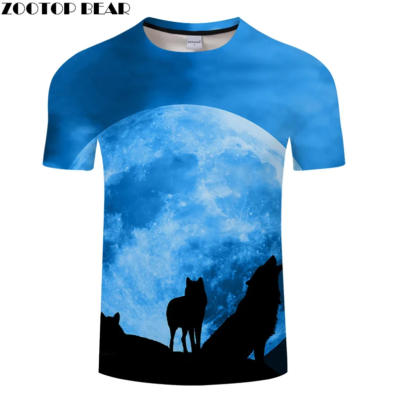 Футболка с 3D принтом волка и Луны для мужчин женщин летняя повседневная футболка