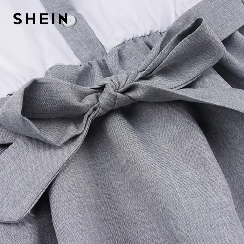 SHEIN/Детское платье для маленьких девочек с контрастным воротником и пуговицами спереди; элегантное платье с поясом; коллекция года; Летние повседневные расклешенные платья без рукавов для детей