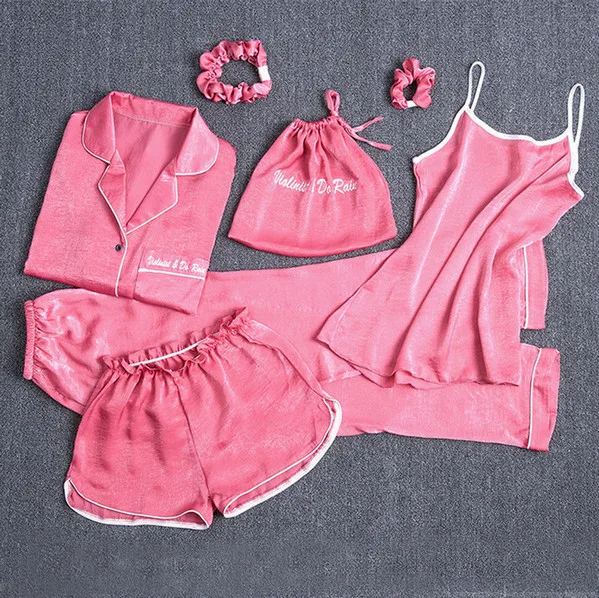 rose red Женская атласная Шелковая пижама, наборы из 7 предметов, милый kawaii, корейский стиль, спальная ткань, светлый цвет, отложной воротник, ouc1663 - Цвет: rose red