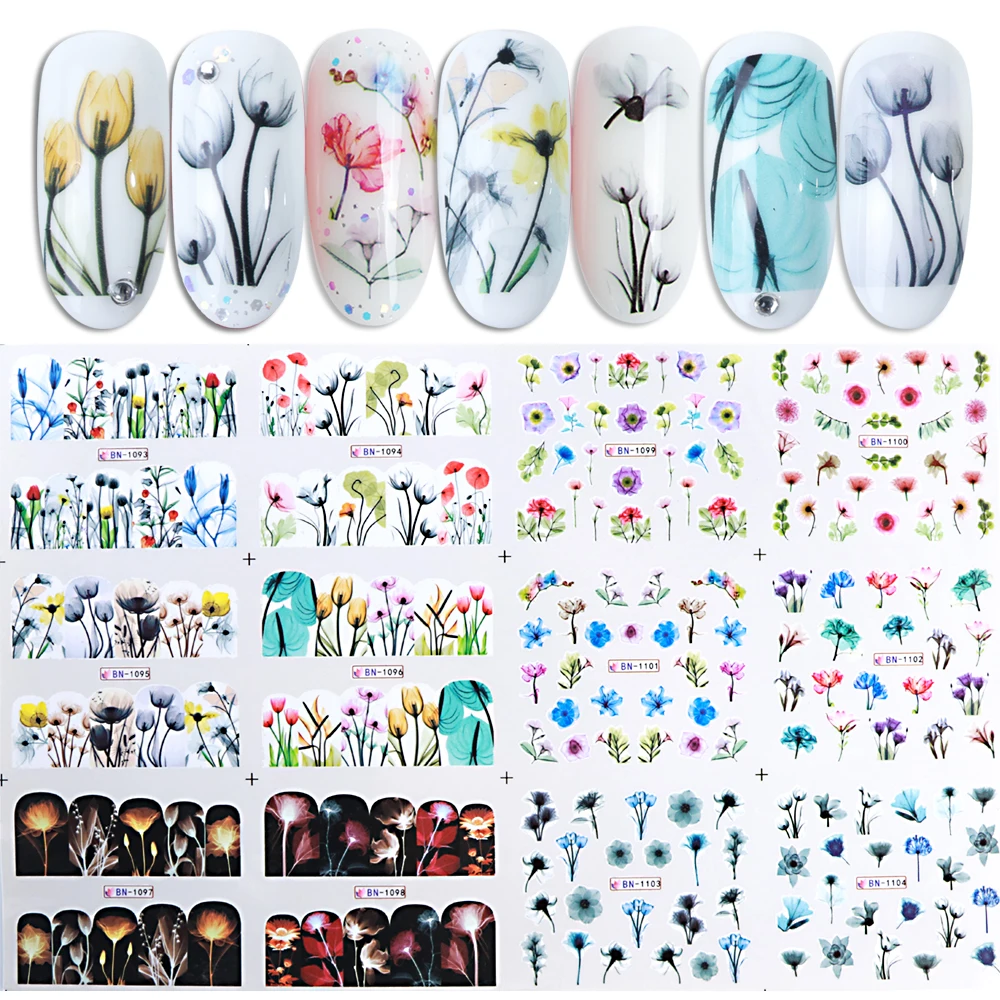 12 шт градиентные наклейки для ногтей акварельные цветные чернила раскрашивающиеся обертывания Цветущая Бабочка цветы водяные знаки для украшения ногтей BEBN1081-1128