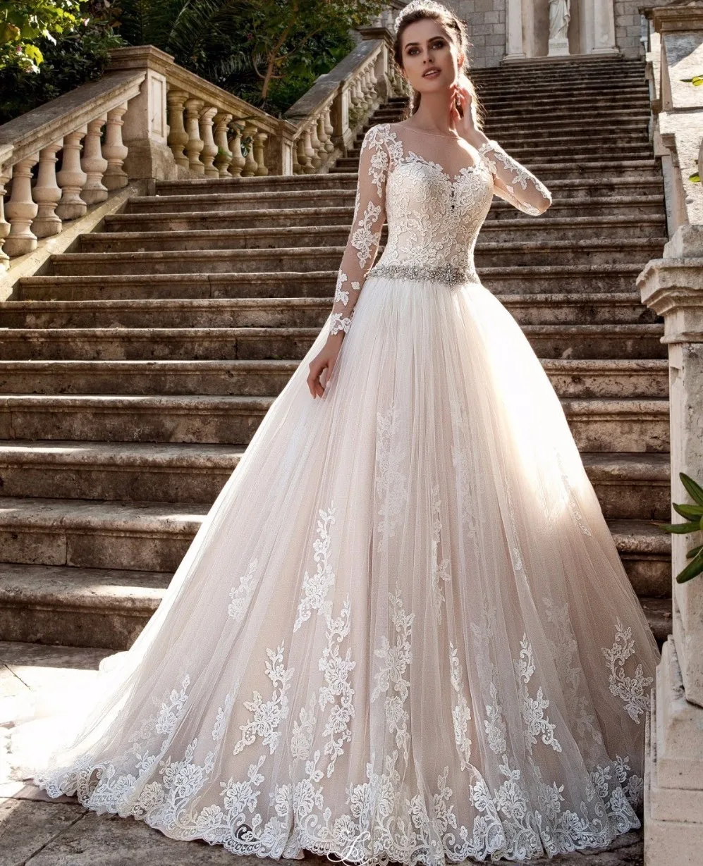 Vestido де noiva Винтаж Длинные Рукава Свадебные Платья Sheer Тюль Вернуться Кружева