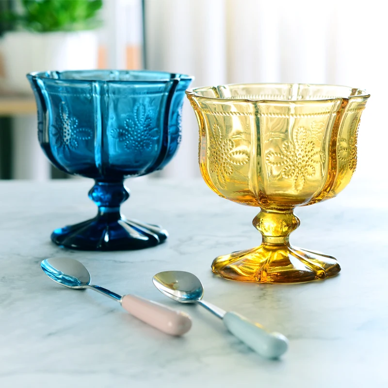 250ML Embossed Pattern Engraving Retro Chinese Knot High Glass Ice Cream Cup Fruit Salad Bowl Dessert Cold Drink Juice | Дом и сад