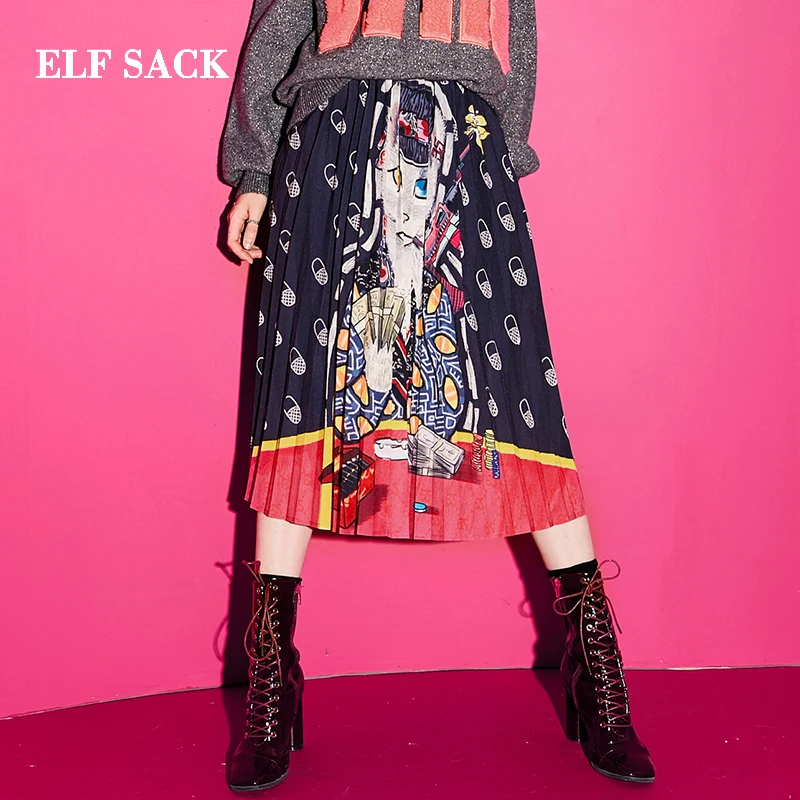 ELFSACK модная новинка шикарная Женская юбка с принтом кошек женские юбки до колена