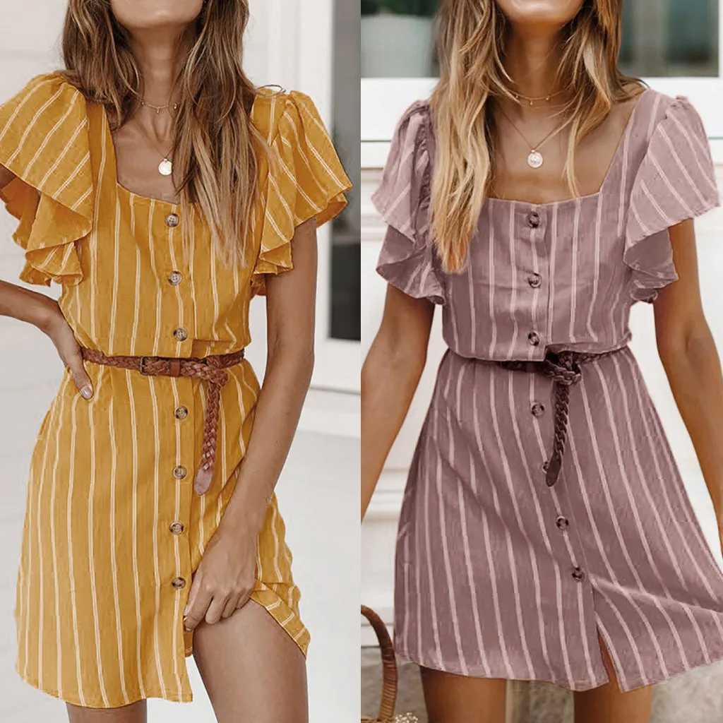 Для женщин летние каникулы Strappy Полосатый квадратный воротник короткий рукав Boho