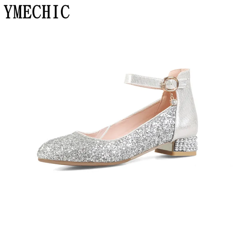 Серебристый YMECHIC/ г.; обувь с пряжкой на лодыжке; блестящие женские свадебные туфли с кристаллами золотистого и серебристого цвета; туфли-лодочки на низком массивном каблуке; женская обувь Mary Jane - Цвет: Серебристый