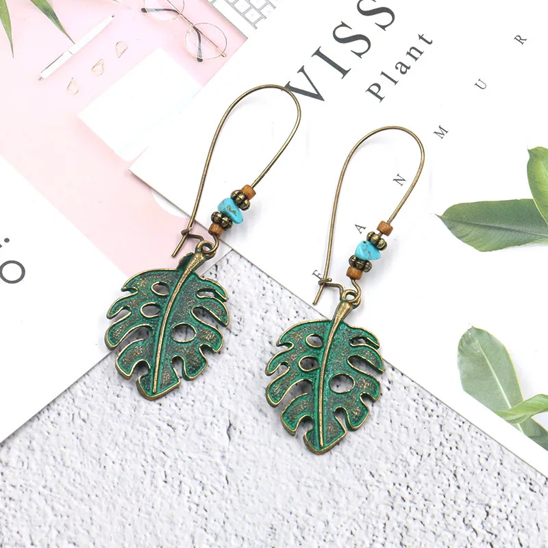 Винтажные бронзовые латунные бусины Monstera Leaf Висячие серьги для женщин тропические растения зеленые листья Brincos богемные ювелирные изделия