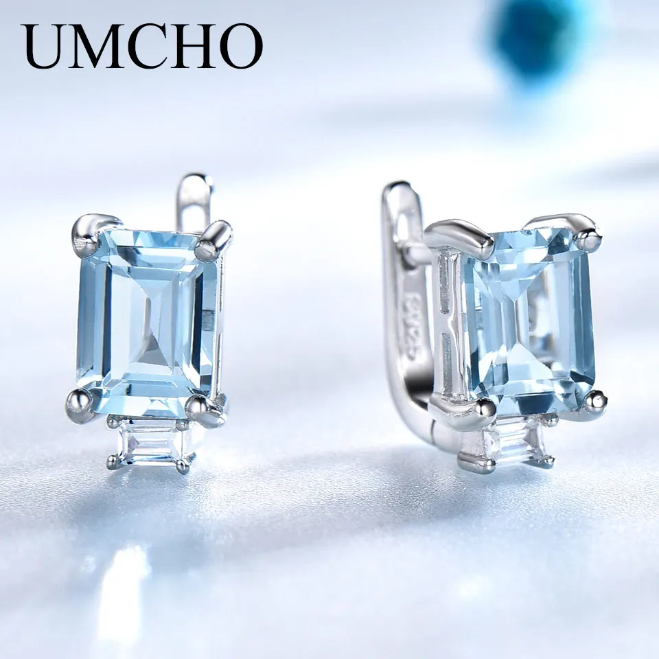 UMCHO, небесно-голубой топаз, клипсы для женщин, твердые 925 пробы, серебро, принцесса, огранка, Трендовое серебро, 925 Ювелирный камень, подарок