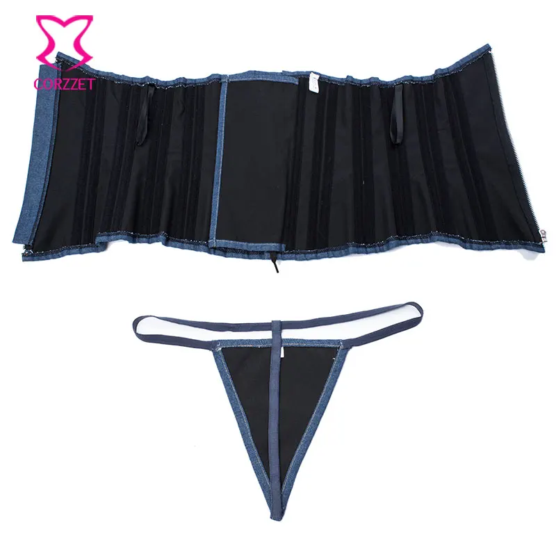 Синий джинсовый корсет на молнии облегающий шнуровке с 24 стальными костями для