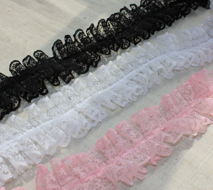 

10Yard/lot 4cm double layer white,black,pink pleated lace trim gauze embroidery fabric diy handmade clothes accessories