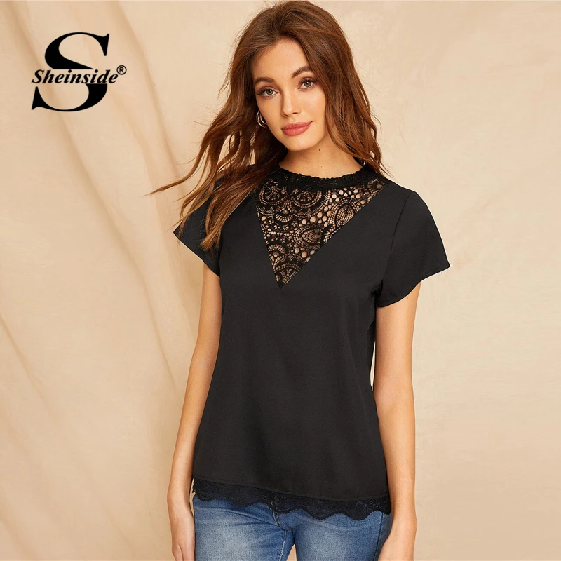 Sheinside, черная контрастная кружевная блузка для женщин, лето, стоячий воротник, короткий рукав, Лоскутная Блузка, для девушек, гребешок, отделка подола, Топ