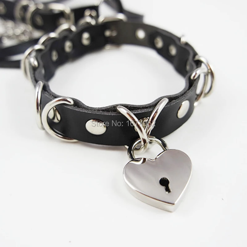 

Punk Goth Harajuku Handmade Stud Rivets Kitten Play Lock Key Choker D Roudn Lockable Leather Collar Necklace