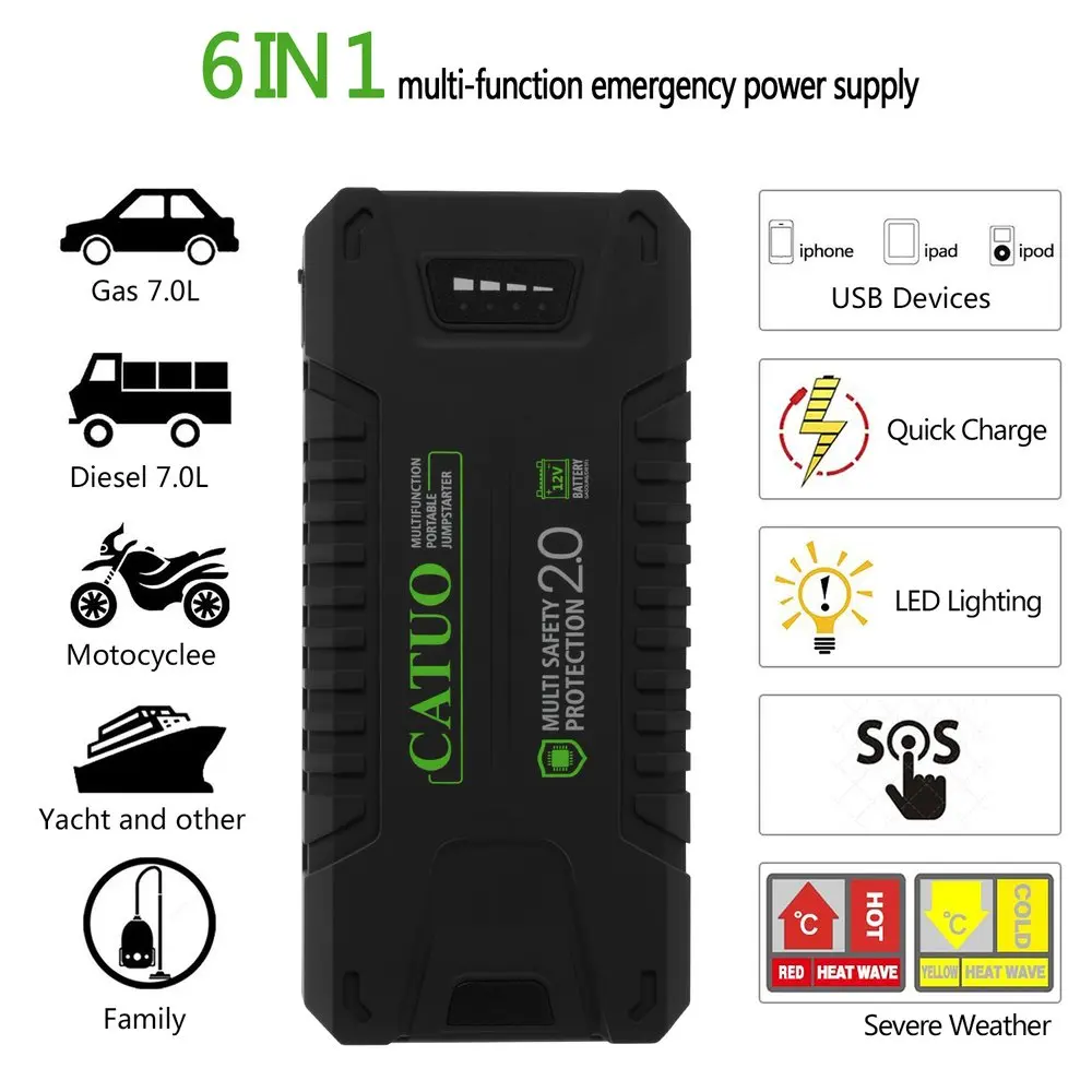 CATUO 12V 1000A Портативный безопасный высокой термостойкостью многофункциональное пусковое устройство с 20000 мА/ч, Ёмкость светодиодный светильник