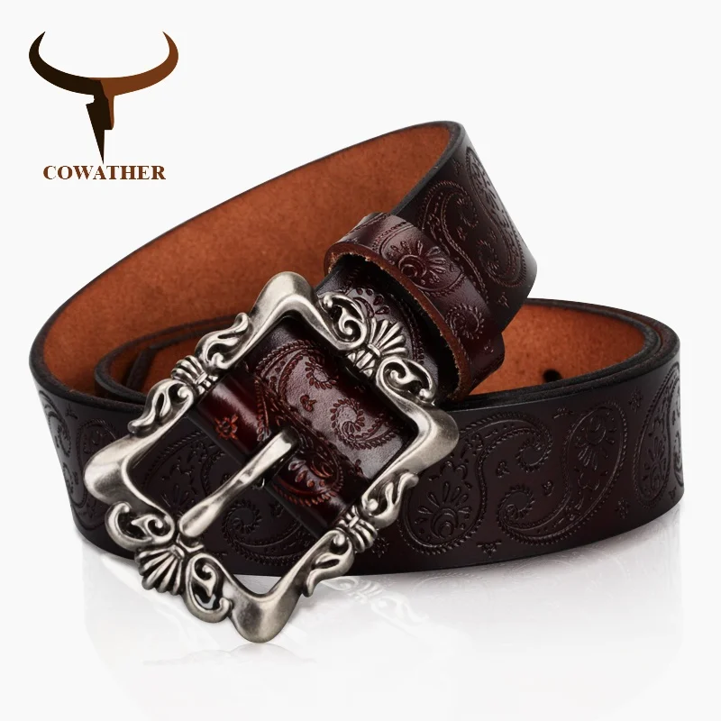 

COWATHER 2021 cow genuine leather belts for Women luxury strap female belt Cashew flowers high quality pin buckle 3.2cm XF022