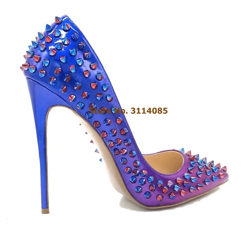 

Women Purple Blue Gradient Color Patent Leather High Heels Newest 12cm Heel Rivets Dress Shoes Patchwork Studded Wedding Shoes