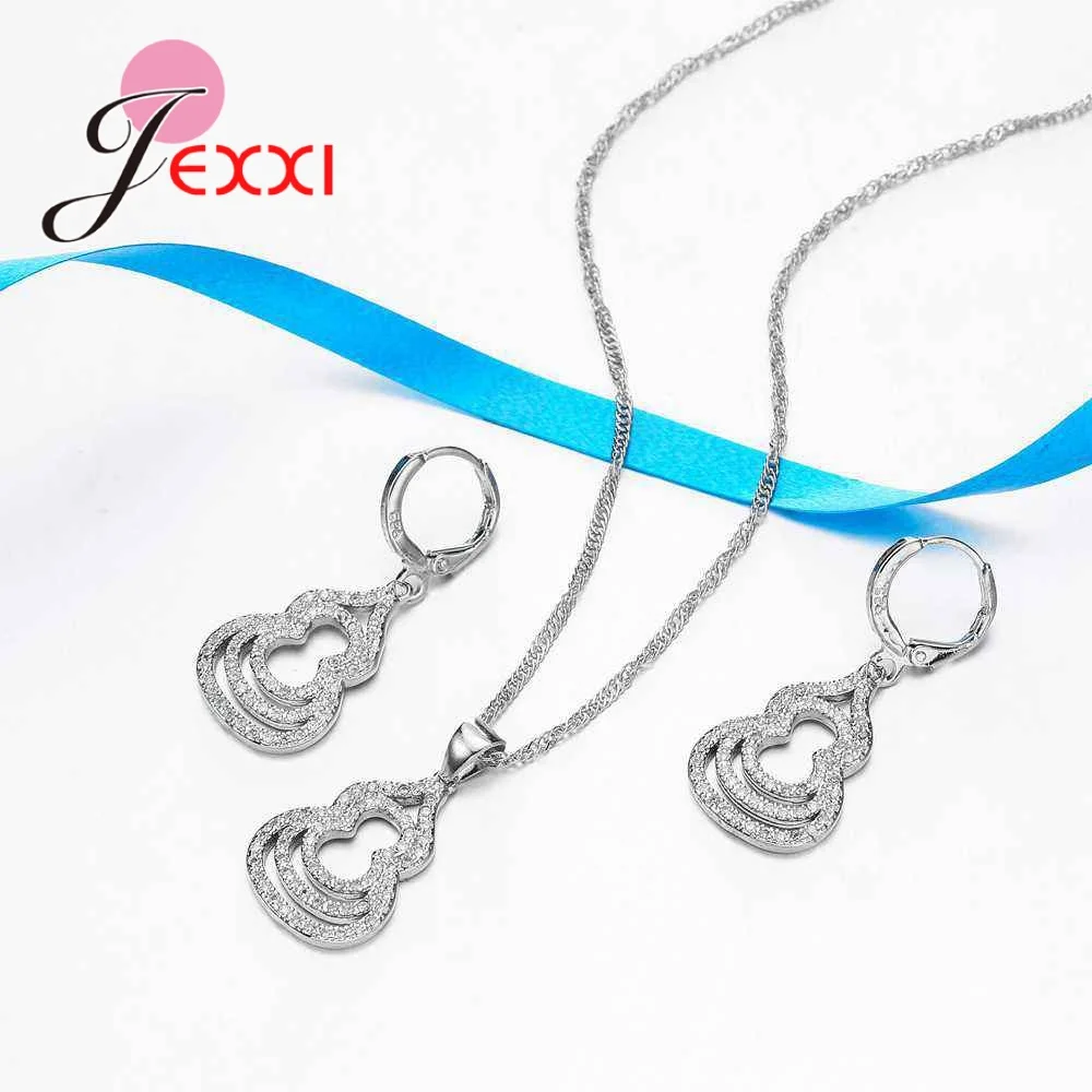 

Newest Gourd Shape Statement Necklaces Earrings Sets For Women Clear Cubic Zirconia 925 Sterling Silver Bridal Wedding Set