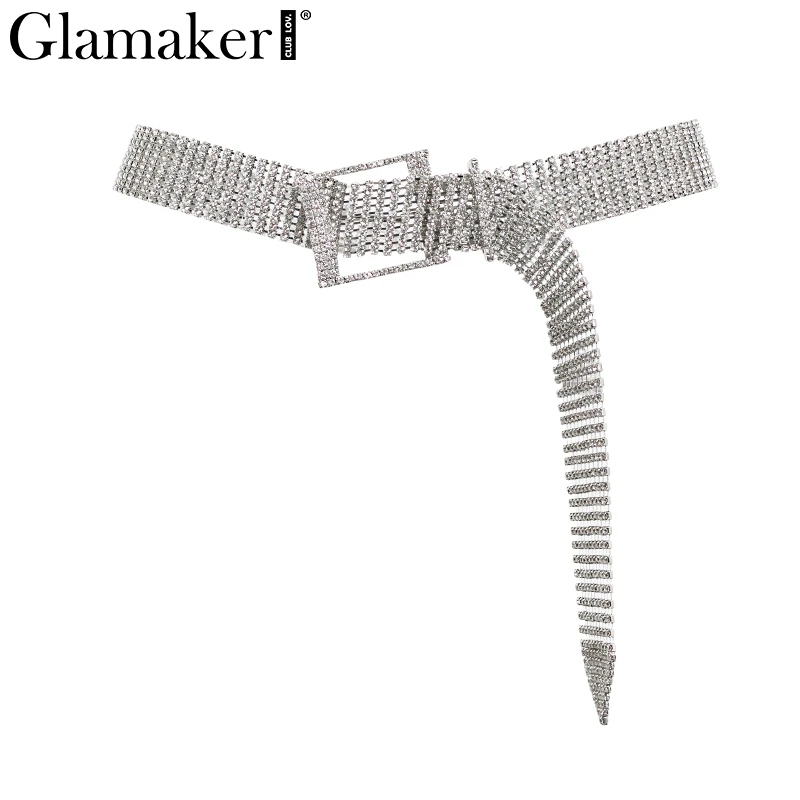 Glamaker Серебристые блестящие бриллиантовые сексуальные ремни широкие вечерние Клубные тонкие женские Пояс кушак Роскошный пояс аксессуары для талии мода - Цвет: Серебристый
