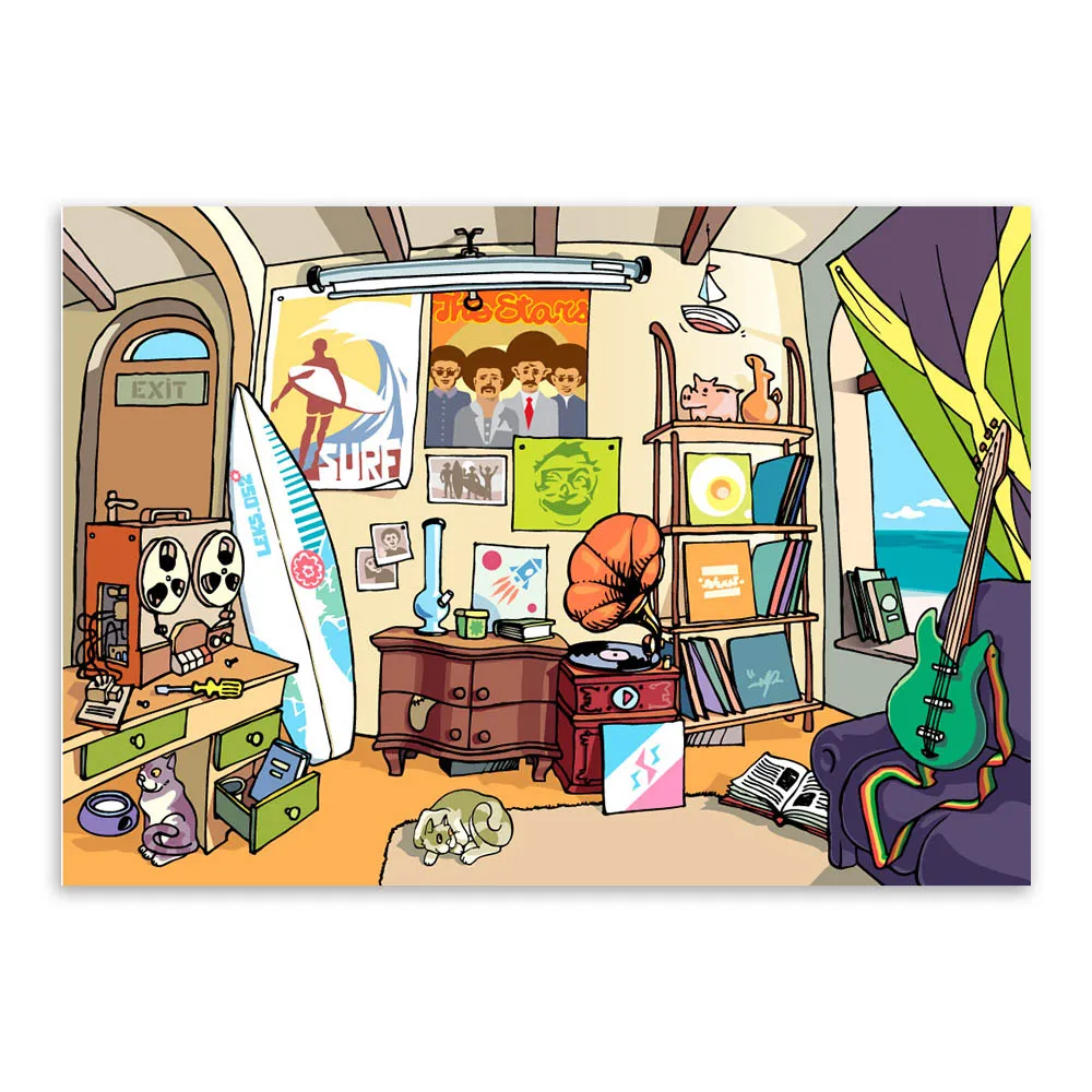 Хиппи прибой пляж современный мультфильм A3 печать постер поп хипстер музыка