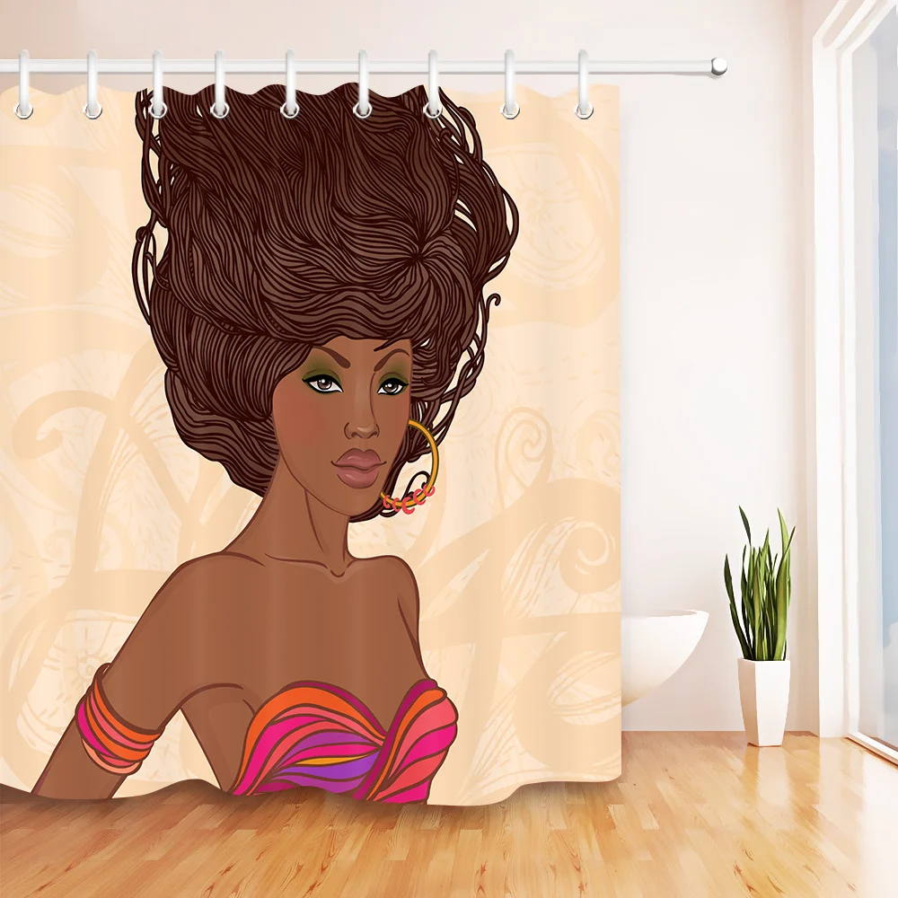 LB High Quality Waterproof Polyester Shower Curtains Shy Cute Long-haired African Girl Wearing a Pink Wrap Dress for Bath Tub | Дом и сад