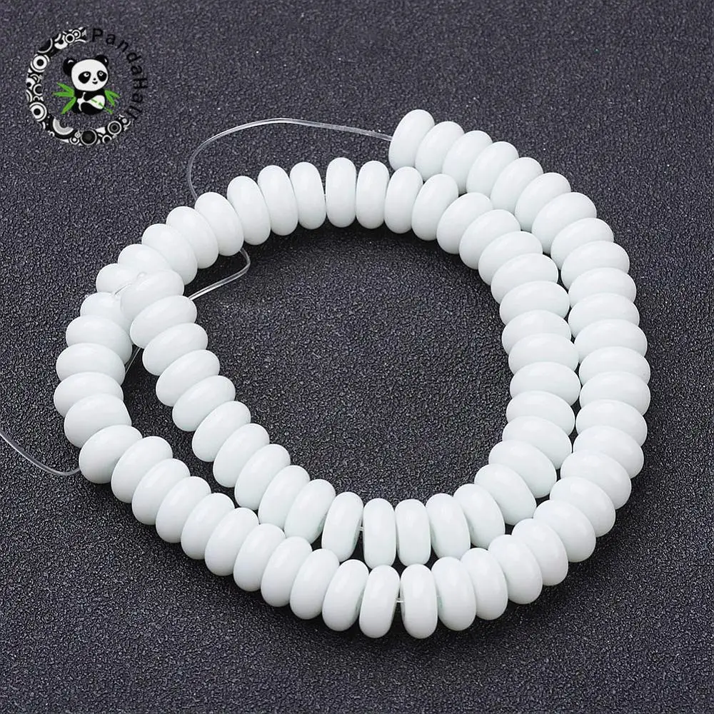 

Glass Beads Strands, Abacus, White, about 8mm in diameter, 3.5mm thick, hole: 1mm, about 76pcs/strand, 10.5