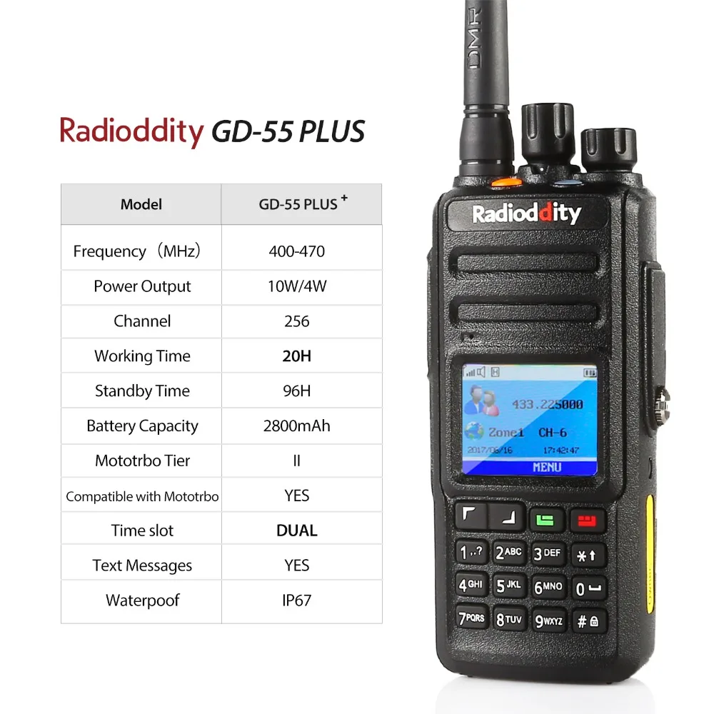 Радиочастотная рация GD-55 Plus UHF 400-470MHz 10W DMR радио Цифровая/аналоговая радиоантенна Водонепроницаемая двухсторонняя радиоантенна 2 антенны